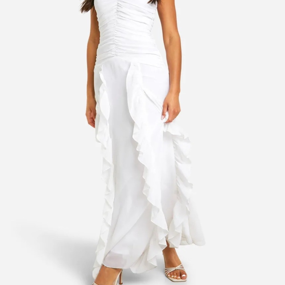 Boohoo White Ruffle Maxi Dress